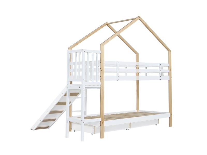 Lit superposé maison 90x200 cm, lit enfant avec toboggan, 2 tiroirs, échelle 3 marches, mdf, blanc+naturel, sans matelas  - Conforama A