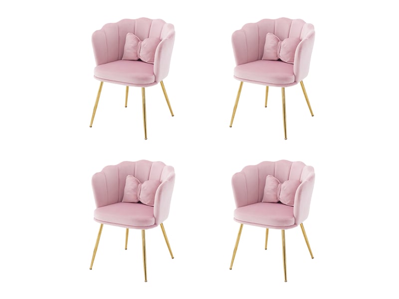  Lot de 4 fauteuils modernes en velours, dossier pétale, pieds métal doré et coussins papillon  - Conforama A