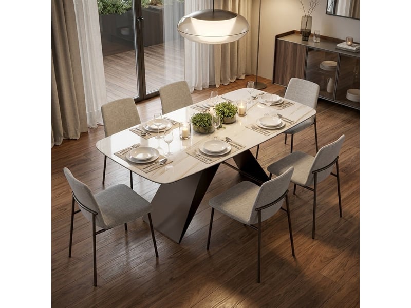  Table de salle à manger fixe en céramique et métal 220x110 orion - effet marbre blanc  - Conforama B
