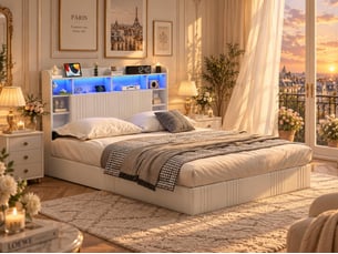 Lit 2 places 160x200 cm – lit coffre – tête de lit avec espace de rangement – ports usbtype-c – éclairage led rgb – sommier à lattes – lin beige