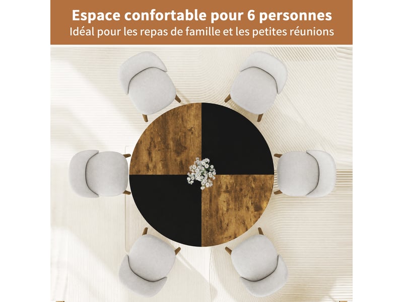  Table à manger ronde 6 personnes avec plateau aspect bois et pied en métal 120 cm, bois clair  - Conforama D