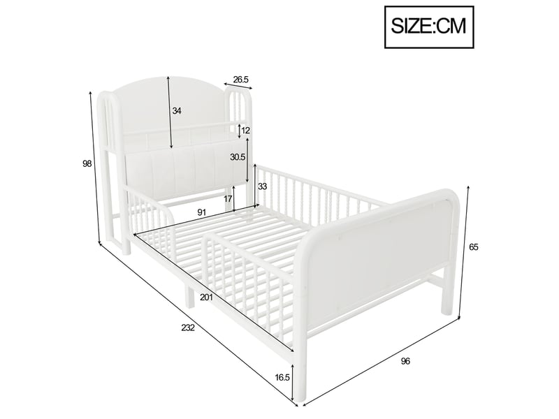  Lit enfant 90x200 cm en métal blanc, tête de lit rembourrée avec rangement et led multicolore, sans matelas  - Conforama C
