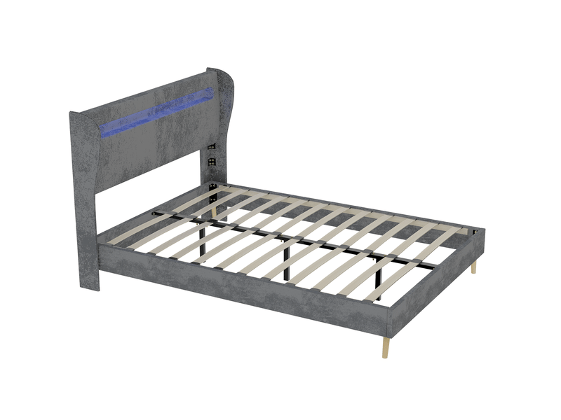  Lit adulte 140x200 cm en tissu gris avec tête de lit led réglable  - Conforama E