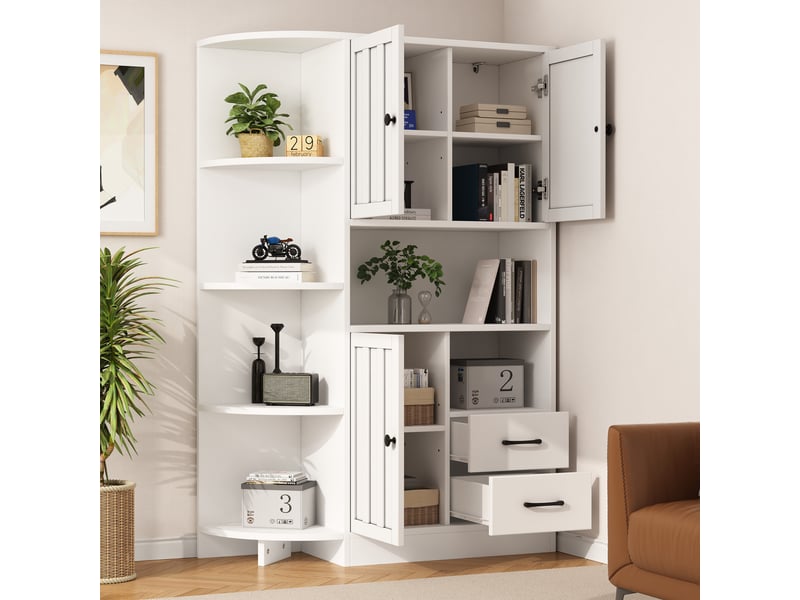  Meuble d'angle blanc en panneaux de particules, rangement 14 compartiments, 3 placards et 2 tiroirs pour salon, 104 x 35 x 155 cm  - Conforama B