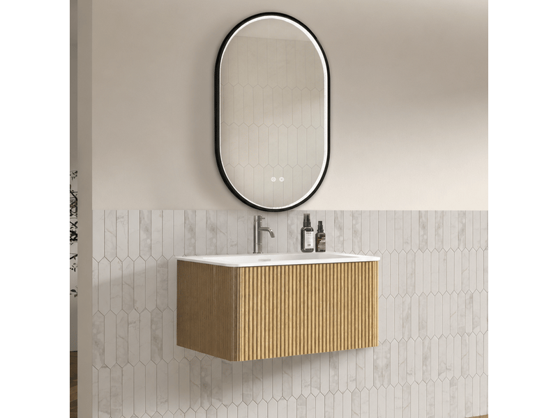 Ensemble salle de bain meuble vasque 80 cm et miroir led coloris chêne  - Conforama B
