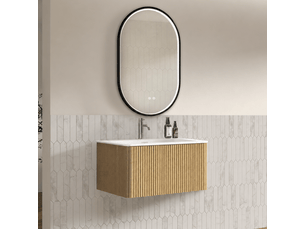 Ensemble salle de bain meuble vasque 80 cm et miroir led coloris chêne