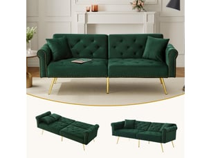 Canapé 2 places, avec couchage d'appoint, dossier réglable, en velours, coloris vert antique, l173 x p75 x h70 cm, gain de place