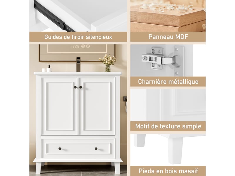 Meuble sous vasque avec 2 portes, 1 tiroir et étagère réglable, vasque en céramique pour salle de bain, 76×46×87 cm - Conforama E