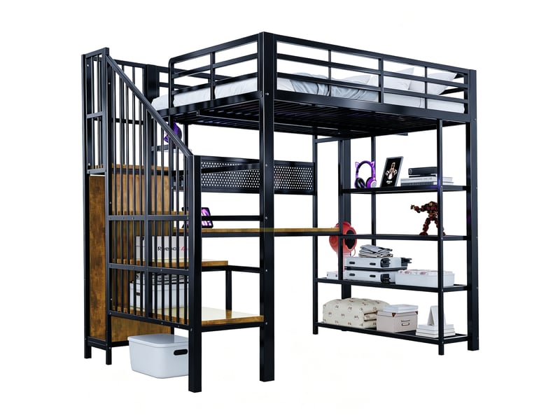 Lit mezzanine métal 140 x 200 cm noir avec long bureau, prise eu, grand panneau perforé, led, escalier rangement, étagères, chambre ado - Conforama A