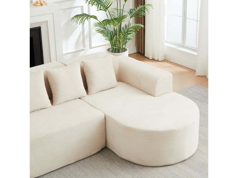  Canapé d’angle en velours côtelé beige 4 places, canapé avec méridienne incurvée de 220 cm pour salon moderne  - Conforama W