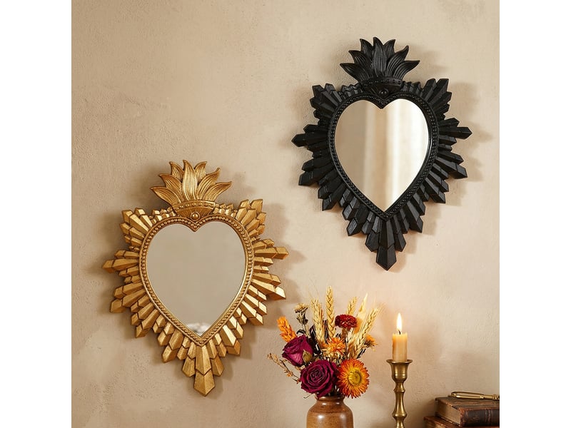  Miroir suspendu en forme de cœur en résine noire – miroir sculpté de style européen – décoration bohème pour salon ou bureau – 20 x 16 cm  - Conforama E