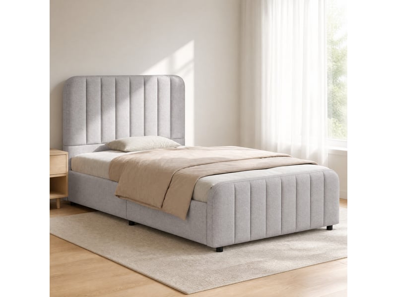 Lit coffre enfant simple 90×200 cm hydraulique, tête de lit rembourrée - okmyhome- en lin gris, sans matelas  - Conforama C