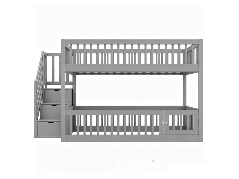 Lit superposé enfant 140x200 cm – gris – escalier à tiroirs et barrières de sécurité - sans matelas - Conforama E