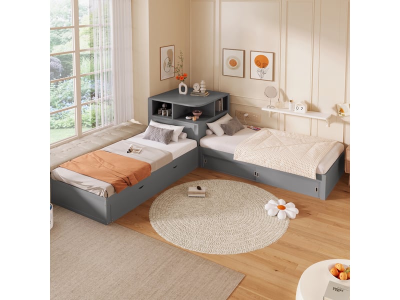  Lit gigogne 90 × 200 cm 1 place avec rangement à portes coulissantes et led, sans matelas, en pin, gris  - Conforama C