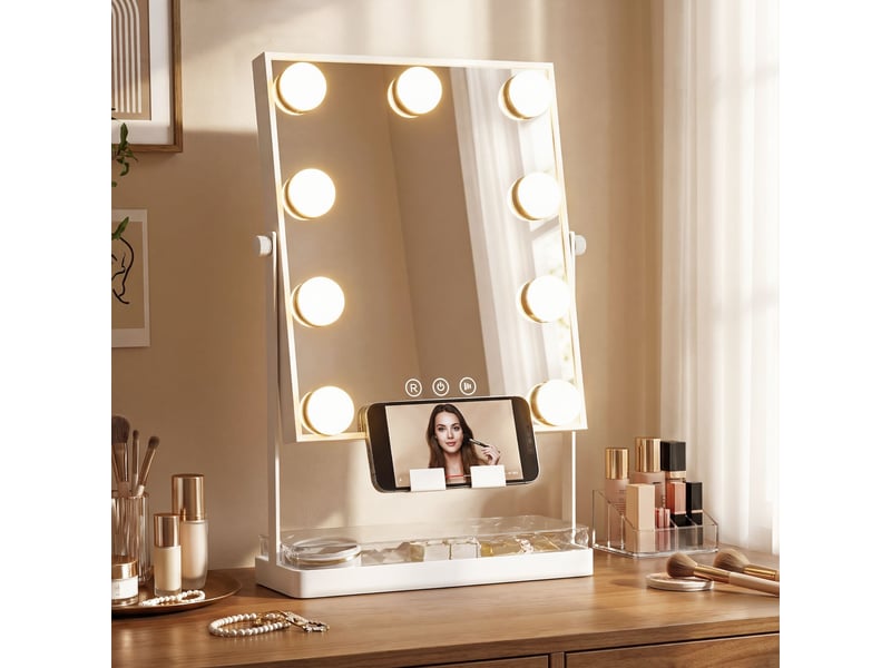 Miroir de maquillage lumineux style hollywood avec 9 ampoules led, 3 couleurs, interrupteur tactile et support pour téléphone - blanc - Conforama D