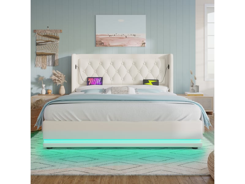 Lit coffre adulte 160x200 cm avec tissu en fond, lit double, led, port usb, type-c, pu blanc, matelas inclus - Conforama B