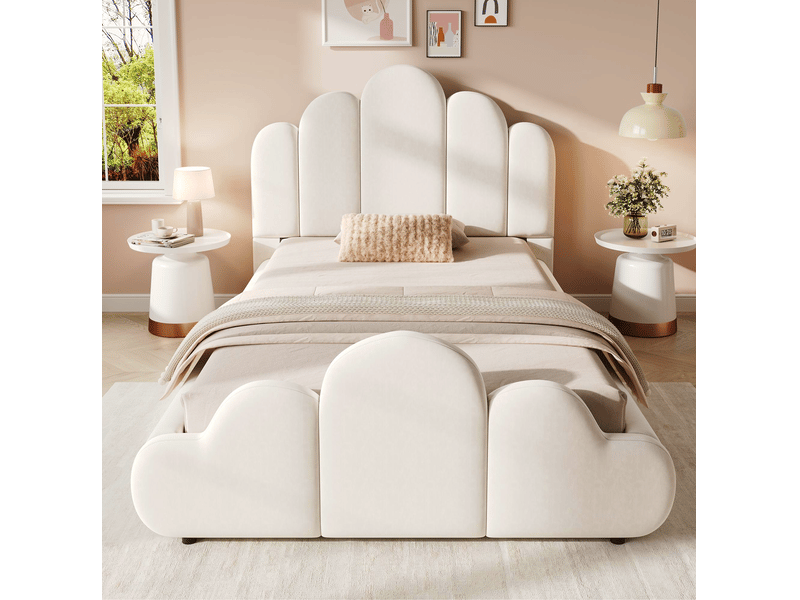  Lit enfant 90x200 cm en velours beige avec sommier à lattes et angles arrondis  - Conforama D