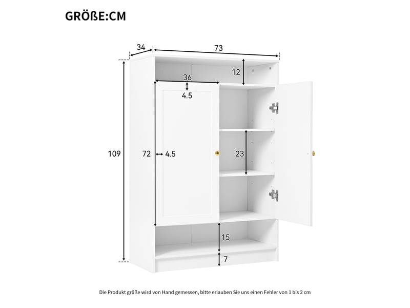  Meuble à chaussures blanc 146 × 34 × 109 cm, panneau de particules, 2 portes, étagères réglables, rangements ouverts  - Conforama B