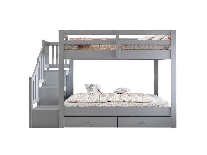  Lit superposé 140 x 200 cm, avec escalier rangement, porte-vêtements, barrières, tiroir, sommier lattes, gris  - Conforama A