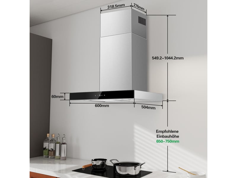  Hotte aspirante murale 60 cm en acier inoxydable argenté, hotte aspirante 450 m³h avec évacuation ou recyclage, commande tactile  - Conforama C