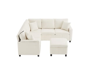 Canapé d'angle lora beige en chenille convertible avec pouf, lampe, usbtype-c et table cachée