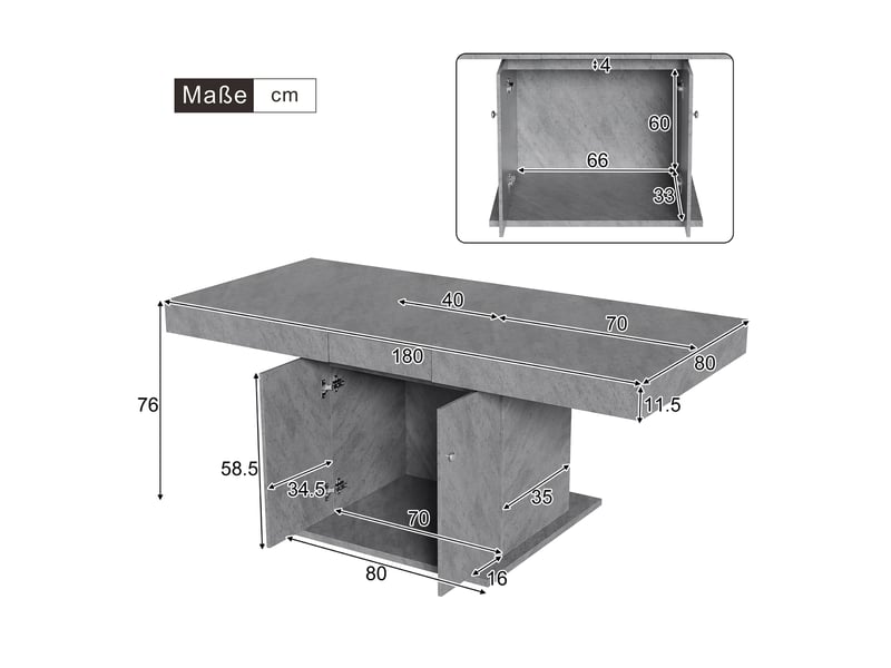  Table à manger rectangulaire extensible 140-180 x 80 cm avec rallonge automatique et grand rangement, plateau effet béton, 4 à 8 places  - Conforama E