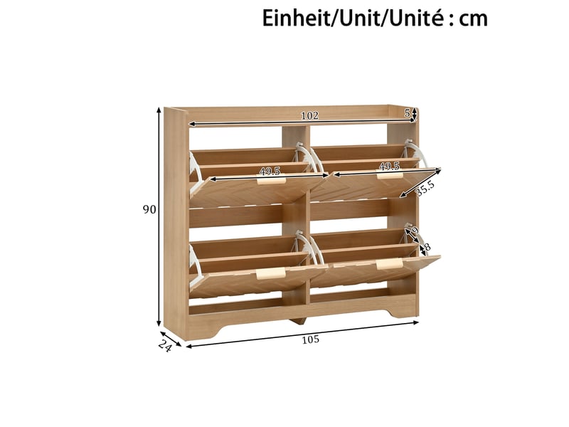  Meuble à chaussures 105x24x90 cm, 4 abattants, façades 3d et plateau supérieur, rangement pratique pour entrée et couloir - naturel  - Conforama C