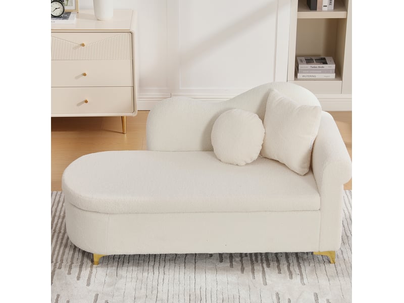  Banc coffre 134x64x70 cm, méridienne avec rangemen, dossier ondulé et 2 coussins, meuble salon, tissu teddy beige blanc  - Conforama D