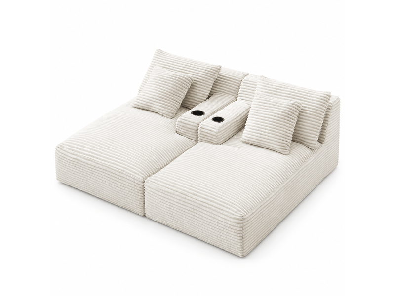 Canapé droit 2 places beige en velours côtelé, double chaise longue, porte-gobelets, sans montage Fay Lum - Conforama A
