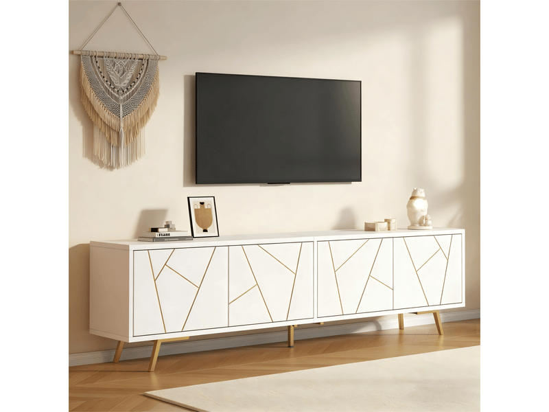  Meuble tv 190 cm pour téléviseur 85 pouces, meuble tv blanc et or avec 4 portes et étagères  - Conforama E