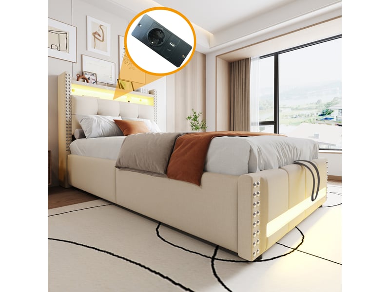  Modenvie lit enfant coffre 90x200 cm - led, port usb et rangements, sommier inclus - beige  - Conforama D