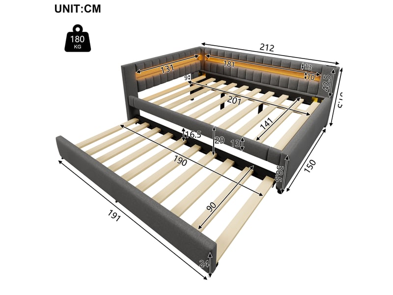  Lit gigogne 140x200 cm en lin mdf gris, éclairage led télécommandé, usb type-c, lit extensible, sans matelas  - Conforama C
