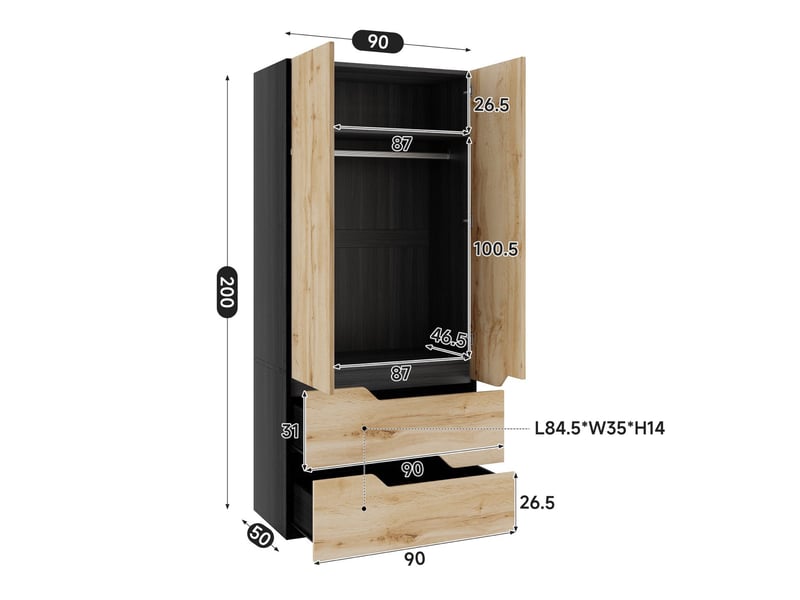  Armoire penderie de chambre 90x50x200 cm, dressing de rangement moderne, mdf aspect chêne, 2 portes 2 tiroirs, noir et bois  - Conforama E