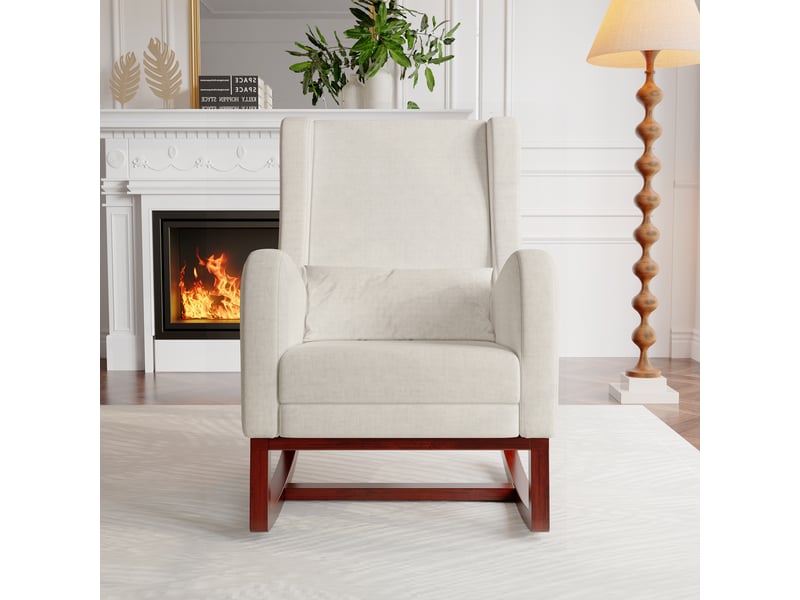  Fauteuil à bascule - 67 x 98 x 99 cm - beige - en tissu velours mat - chaise à bascule avec repose-pieds et pieds en bois  - Conforama C