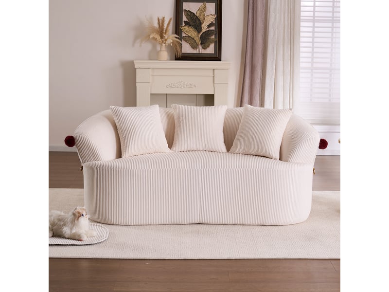  Canapé compressé 2 places 163x93x68 cm sans structure, design courbé, 3 coussins et coussin pour animal inclus, mousse, velours côtelé blanc  - Conforama B