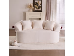 Canapé compressé 2 places 163x93x68 cm sans structure, design courbé, 3 coussins et coussin pour animal inclus, mousse, velours côtelé blanc