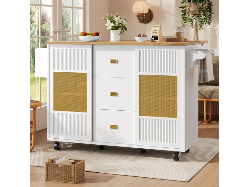  Îlot de cuisine mobile blanc 146,85x70x90 cm, plateau rabattable et rangements  - Conforama E