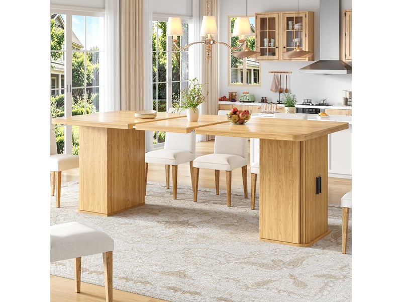  Table à manger extensible 140-180x80 cm avec rangements des 2 côtés, étagères intérieures, mdf et métal - bois naturel  - Conforama E
