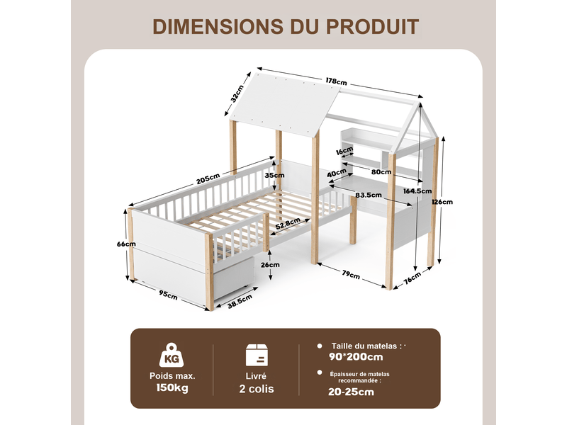  Lit cabane enfant 90x200 cm blanc en bois avec bureau, étagères, 2 tiroirs sur roulettes et sommier à lattes  - Conforama C