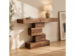 Table console 108 x 30 x 80 cm marron foncé en panneau de particules, base géométrique étagée pour entrée