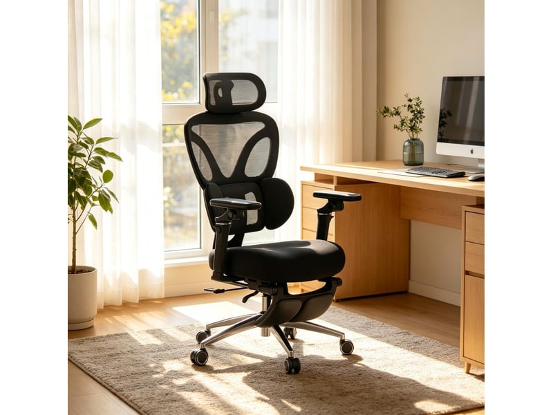  Fauteuil de bureau ergonomique noir avec repose-pieds, appui-tête et soutien lombaire  - Conforama E