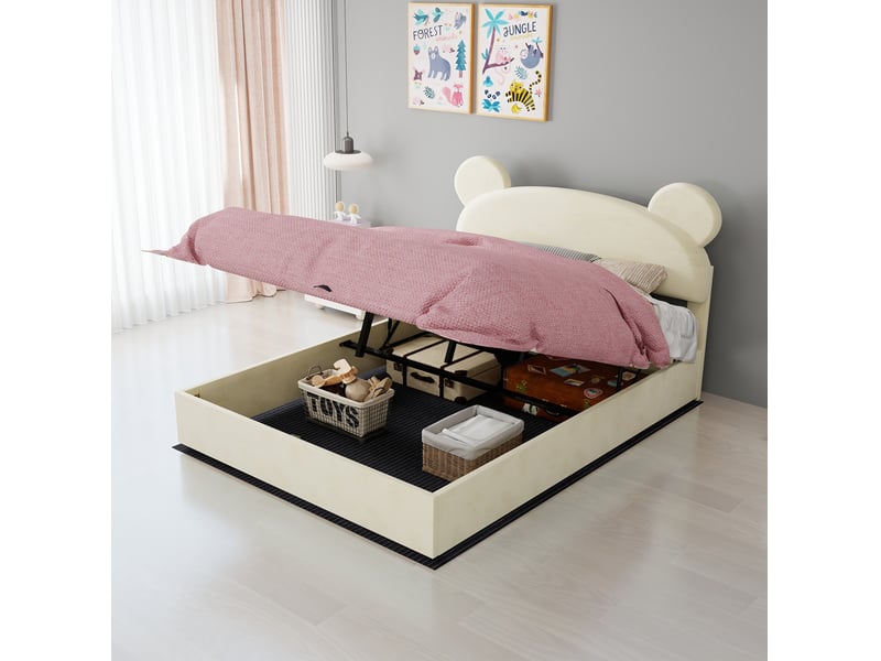  Lit coffre 140x200 cm en tissu beige avec rangement relevable  - Conforama E