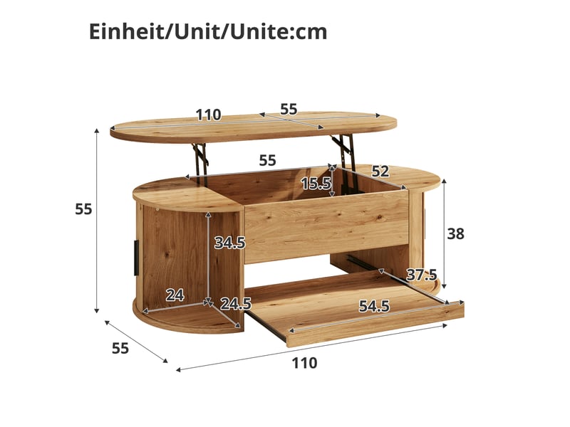 Table basse avec fonction de levage, table de salon avec espace de rangement dissimulé, console moderne avec structure rainurée, portes latérales coulissantes et espace de rangement pratique, table basse multifonctionnelle - Conforama C