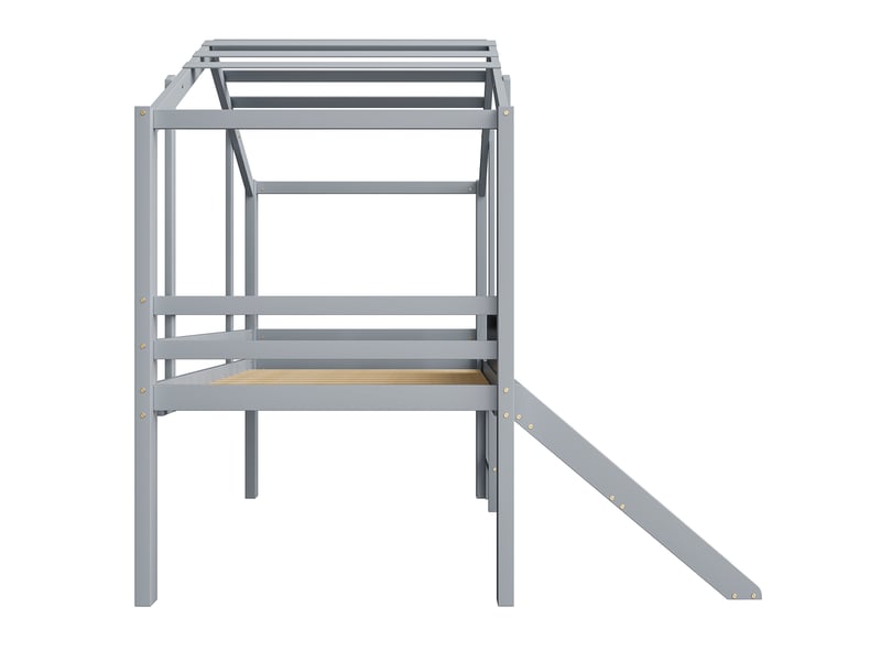  Lit enfant 90x200 cm gris en bois massif, mezzanine maison avec toboggan, échelle et tableau noir  - Conforama R