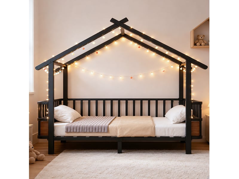  Lit enfant maison 90x200 cm, lit cabane, barrières sécurité, chambre, style contemporain, métal, noir, sans matelas  - Conforama D