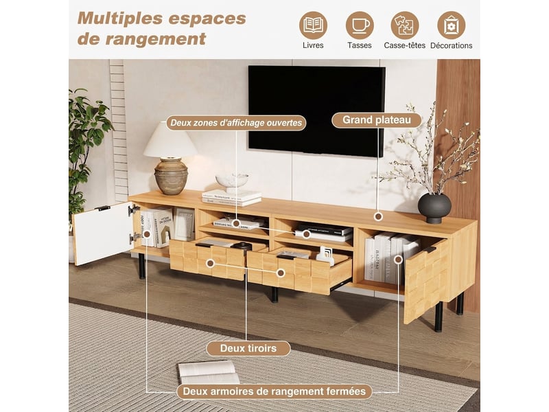 Meuble tv bois naturel 200 cm avec 2 tiroirs et 2 portes, pour tv jusqu'à 80 pouces, style japonais - Conforama D