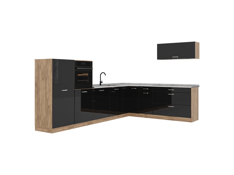  Vicco cuisine en angle, noir haute brillancechêne doré, 327 x cm plan de travail marbre  - Conforama A