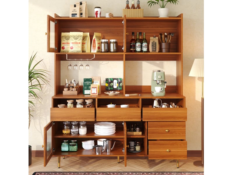  Buffet haut 145 x 39 x 171 cm – marron noyer – portes en verre strié, range-verres et 5 tiroirs intégrés  - Conforama B