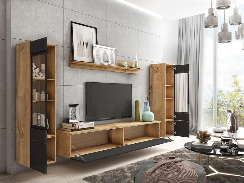  Ensemble salon 4 éléments: tv 180 + 2 vitrines + étagère, chêne wotan noir brillant  - Conforama C
