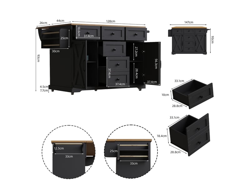  Desserte de cuisine pliable 147 x 44 x 93 cm noir, mdf et métal, plan de travail extensible à roulettes  - Conforama C